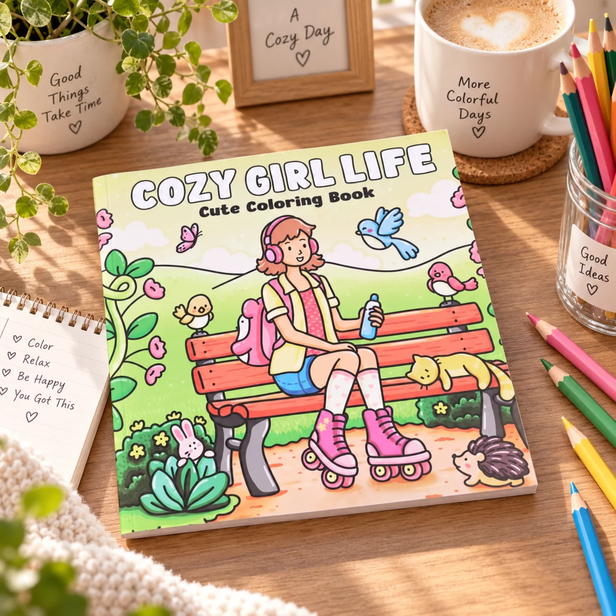 Cute Girl Life Coloring Book Kawaii Park Animal Coloring Pages with Roller Skating Girl Easy Relaxing Art Activity Trending Gift