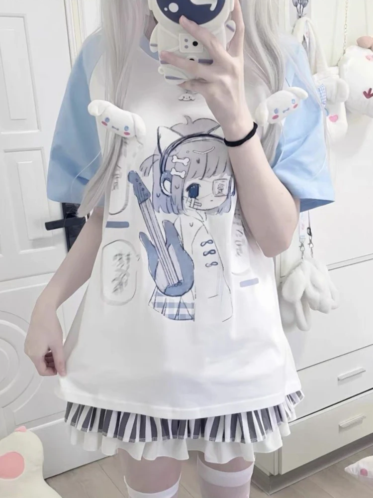 Cseta de Manga Corta para Mujer, Estilo Veraniego, Nueva, Subcultura Japonesa, Bloques de Color, Estilo Dulce, Estampado I...