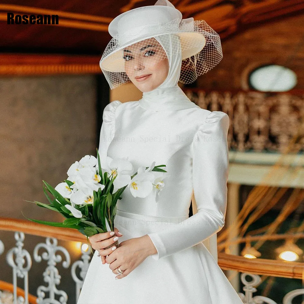 Muslim 2024 Ivory A-line Wedding Dress Full High Collar Satin Draped Pleat Floor Length Brush Train Bride Dresses robe de mariée