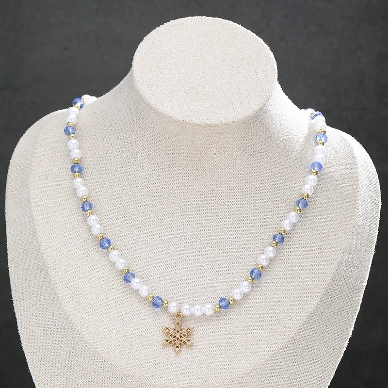 Vintage Imitation Pearl Blue Color Crystal Bead Necklace Women's Gold Color Snowflake Pendant Elegant Daily Party Jewelry Gift