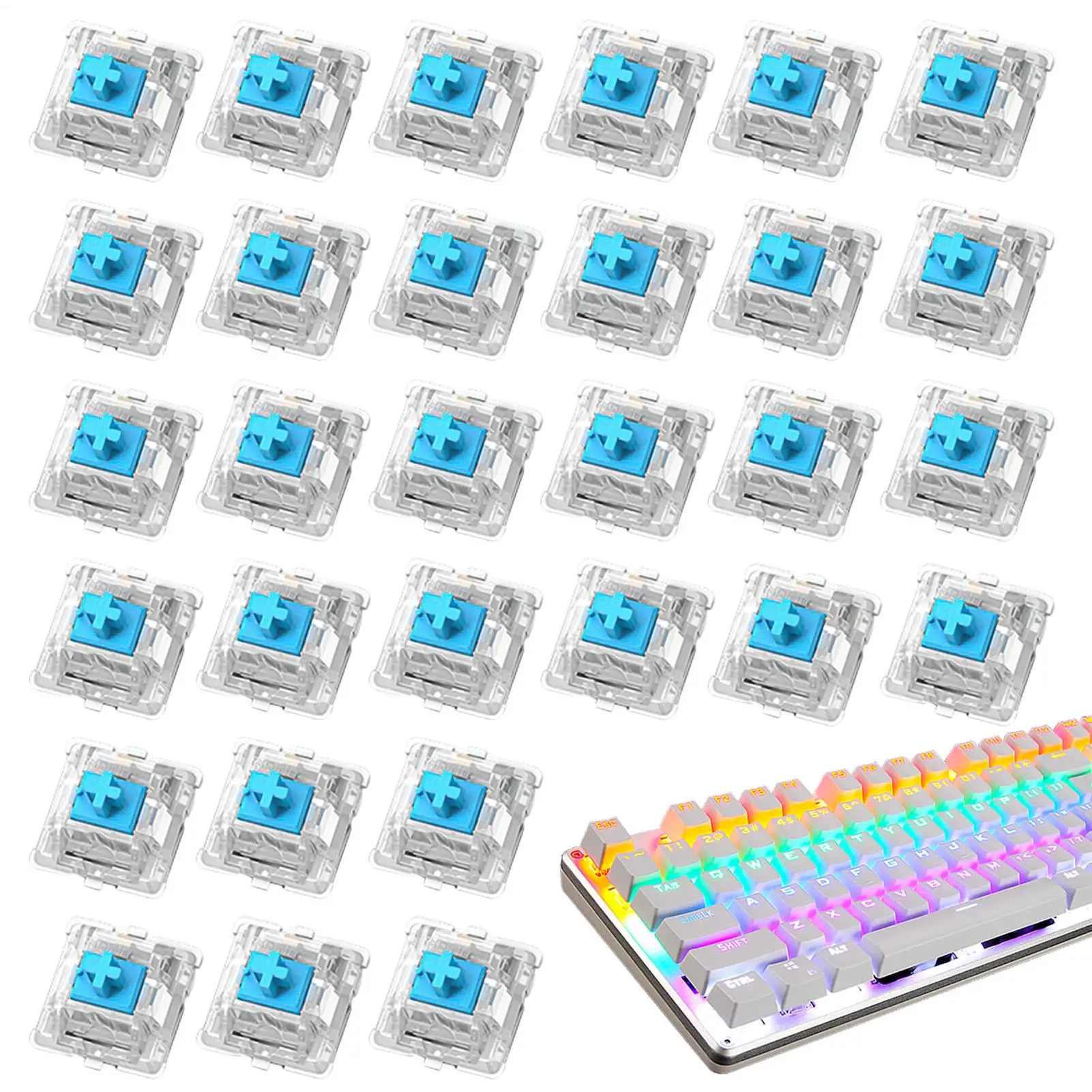30pcs Mechanical Keyboard Switches DIY Cross Stem Keys in Blue/Red/Brown Keyboard Replacement Axis Accessories Clear Sound