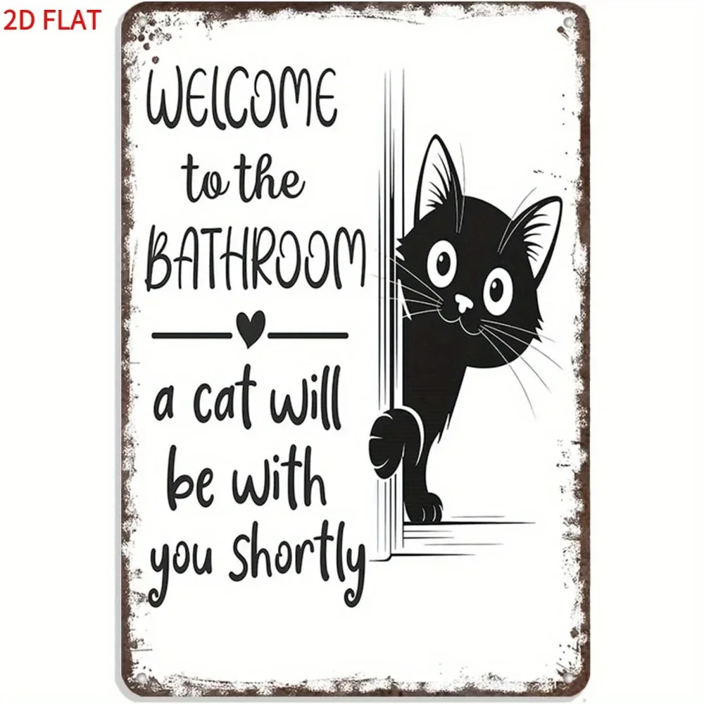 Rustic Style Home Bathroom Wall Decorations, Vintage Sign, Funny Design of a Black Cat Poking Its Head Out to Welcome Guests, Bathroom Decorations