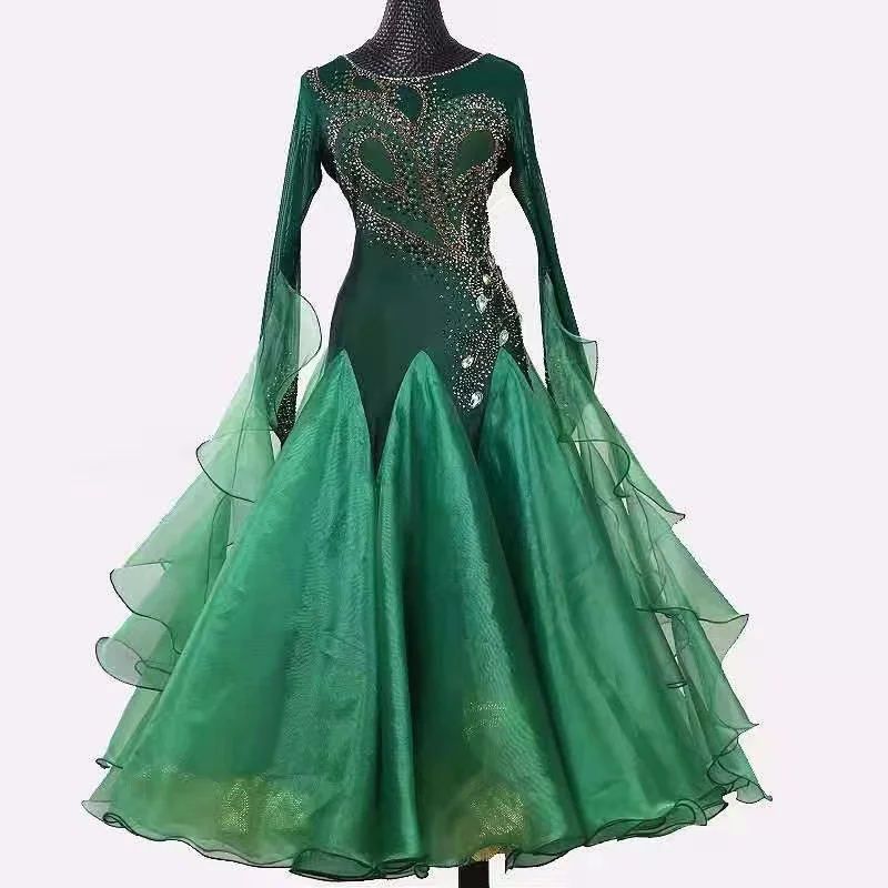 

Advanced Ballroom Competition Dance Dress Green Long Sleeve Standard Modern Skirt Women Waltz Ballroom Dance Dresses