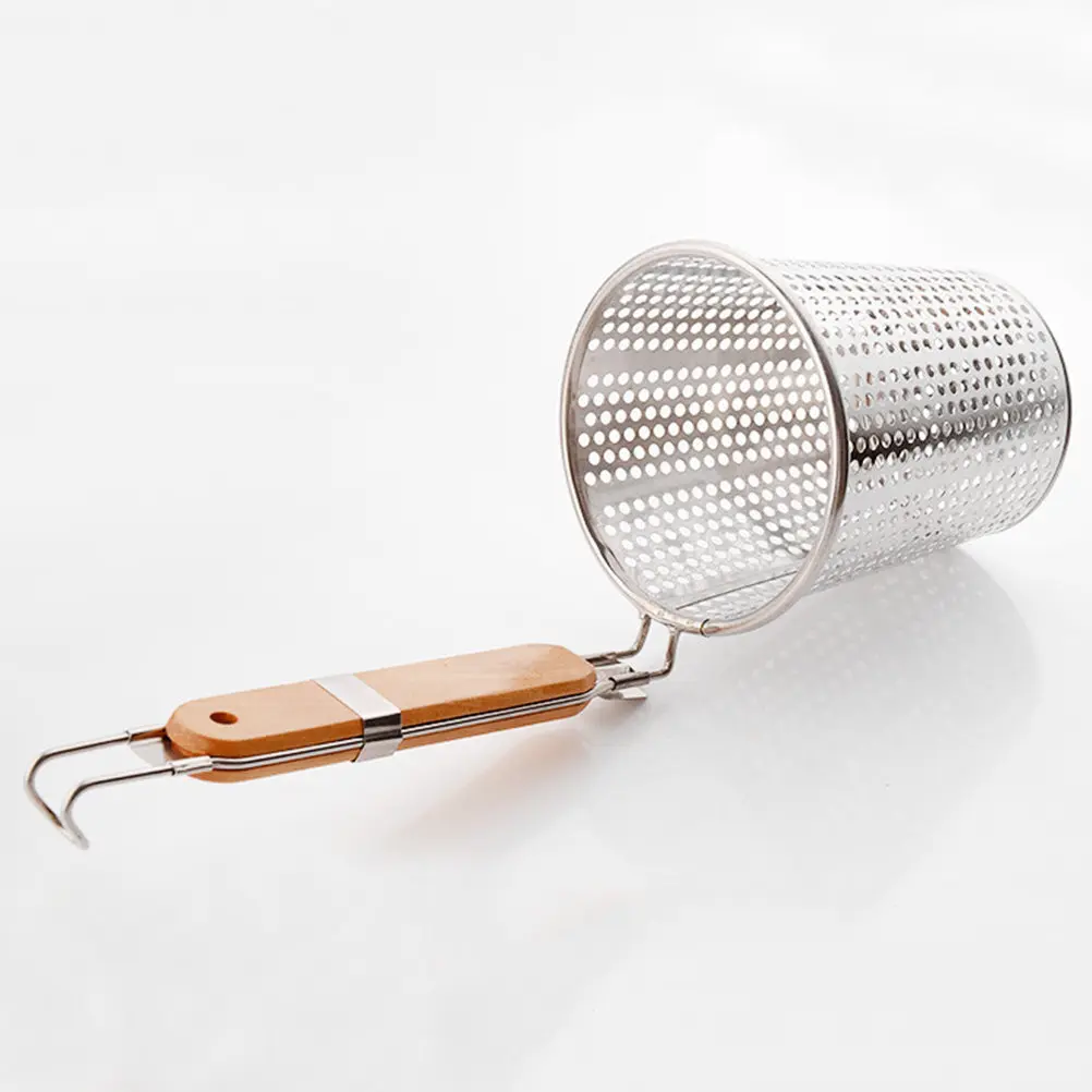 Cesta coladora de malla fina de acero inoxidable de 12.5 cm con mango de madera, espumadera de cocina para pasta, dumplings, fideos y arroz