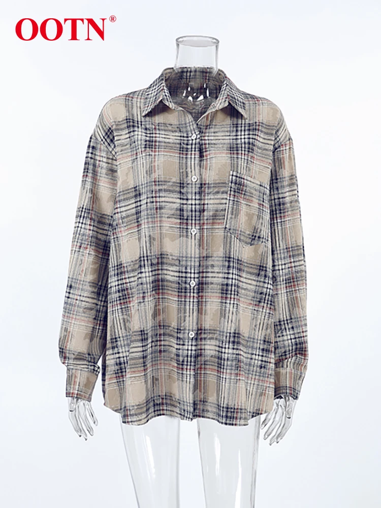 OOTN Vintage Check Long Sleeve Shirts Spring Streetwear Loose Turn Down Collar Blouse Women 2024 Casual Single Breasted Tops