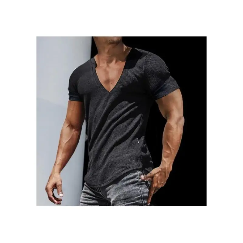Men's Casual V-Neck T-Shirt Fashionable Breathable Cotton Short Sleeve Sporty Cleanfit Style Bright Thread Detailing