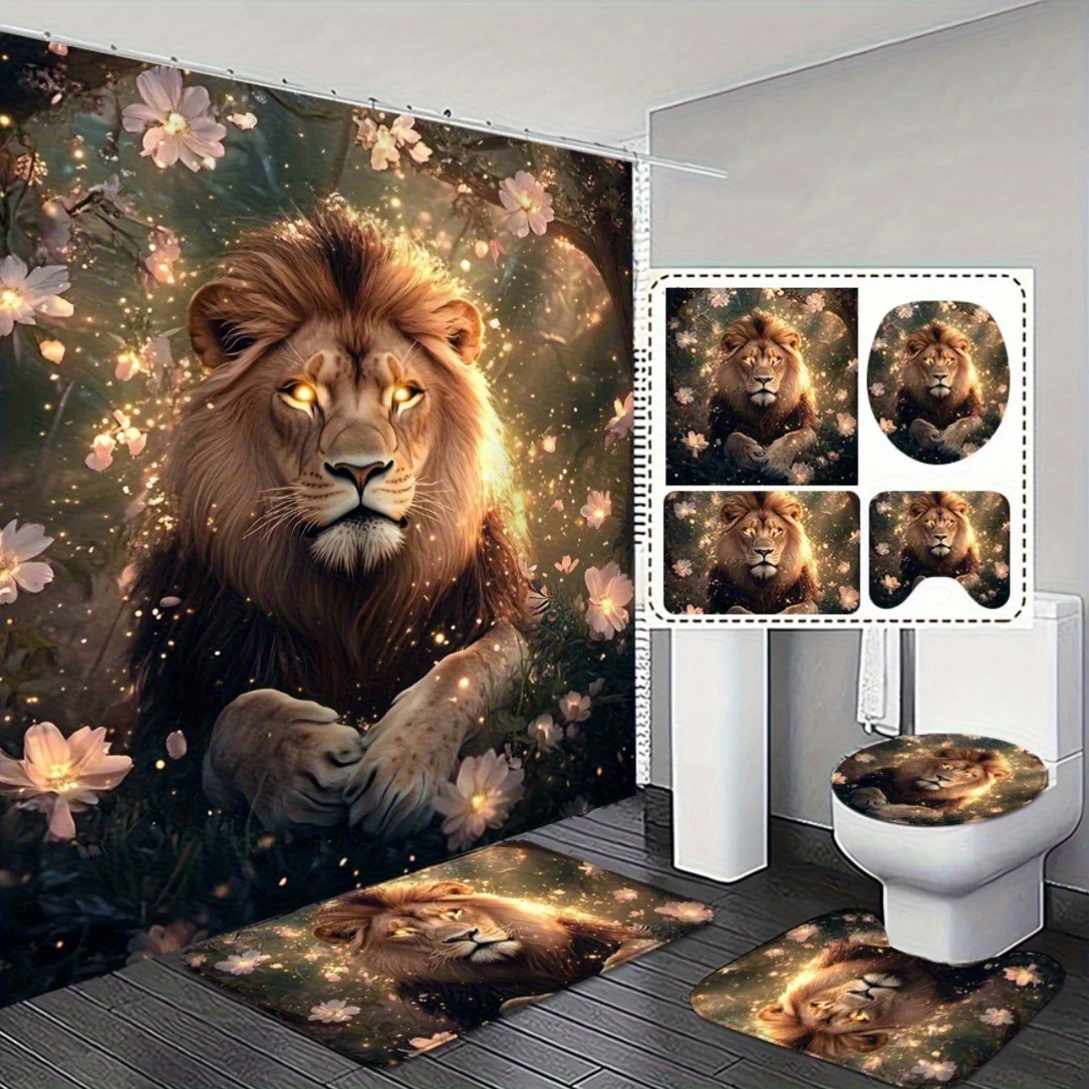 

4 шт. стильная занавеска для душа с принтом льва и нескользящий коврик для ванной, набор для современного декора ванной комнаты, изысканный и практичный домашний декор