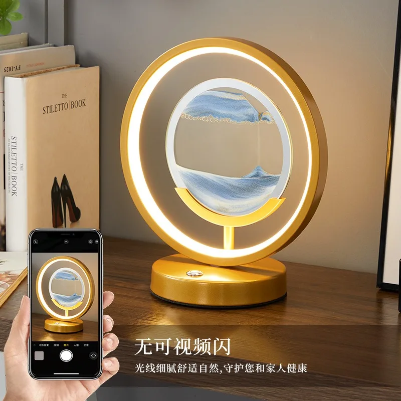 Home bedroom bedside lamp study decoration quicksand new hourglass warm creative led table lamp ring light