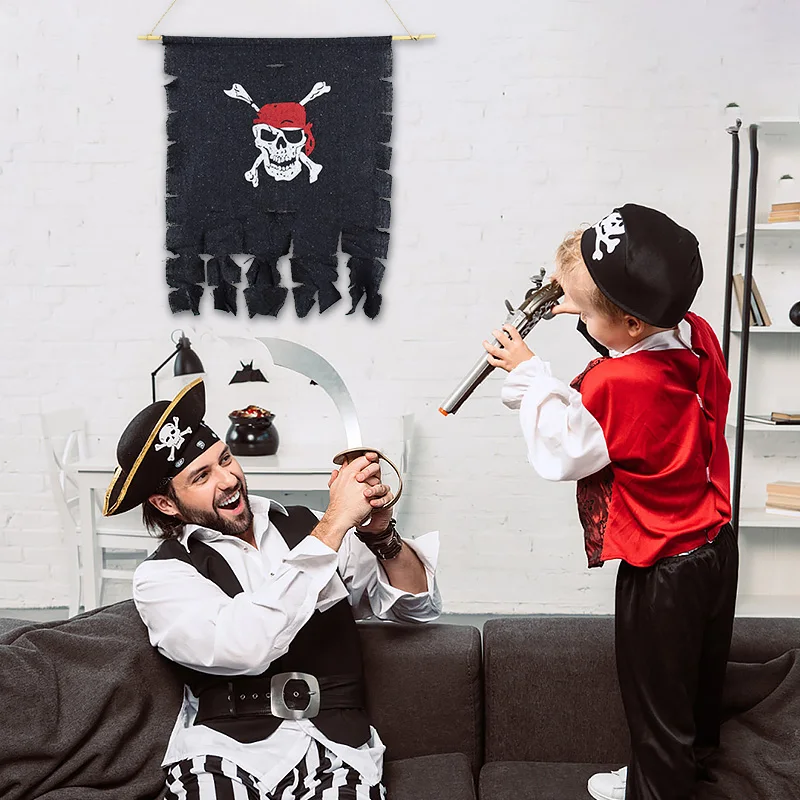 Pirate Flag Double Broken Skull Jack Rackham Jolly Roger Flag With Rope Halloween Birthday Party Hanging Flags Banner Decoration