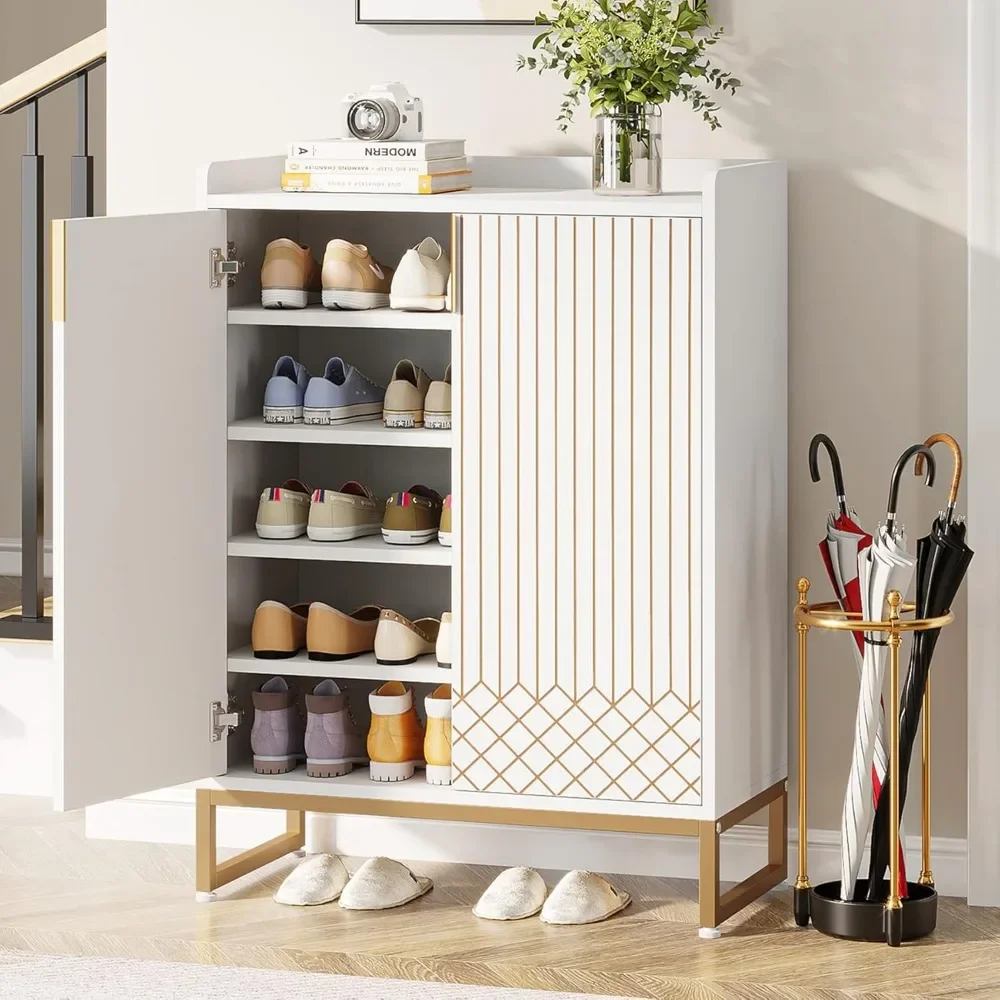 Shoe Cabinets with Doors, 5-Tier Modern Shoe Rack Organizer Cabinet, Freestanding Wood Storage Cabinet with Gold Metal Frame