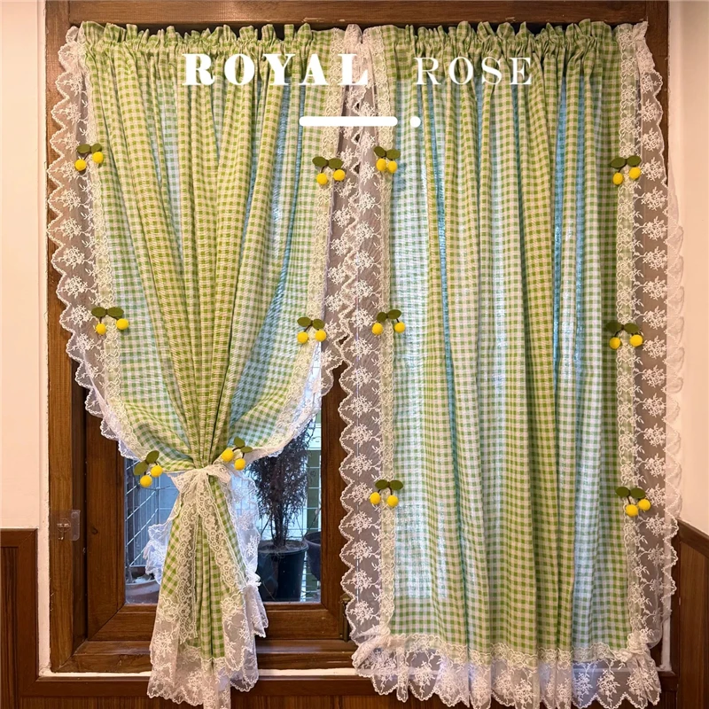 

Idyllic Japan Cherry Checkered Pattern Door Curtain Green Plaid Lace Living Room Kitchen Window Treatment Cloth