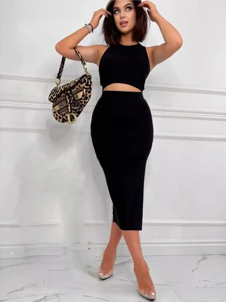 Ensemble deux pièces sexy pour femmes, jupe slim, haut court, taille haute, jupes fendues, ensembles de documents solides, streetwear féminin