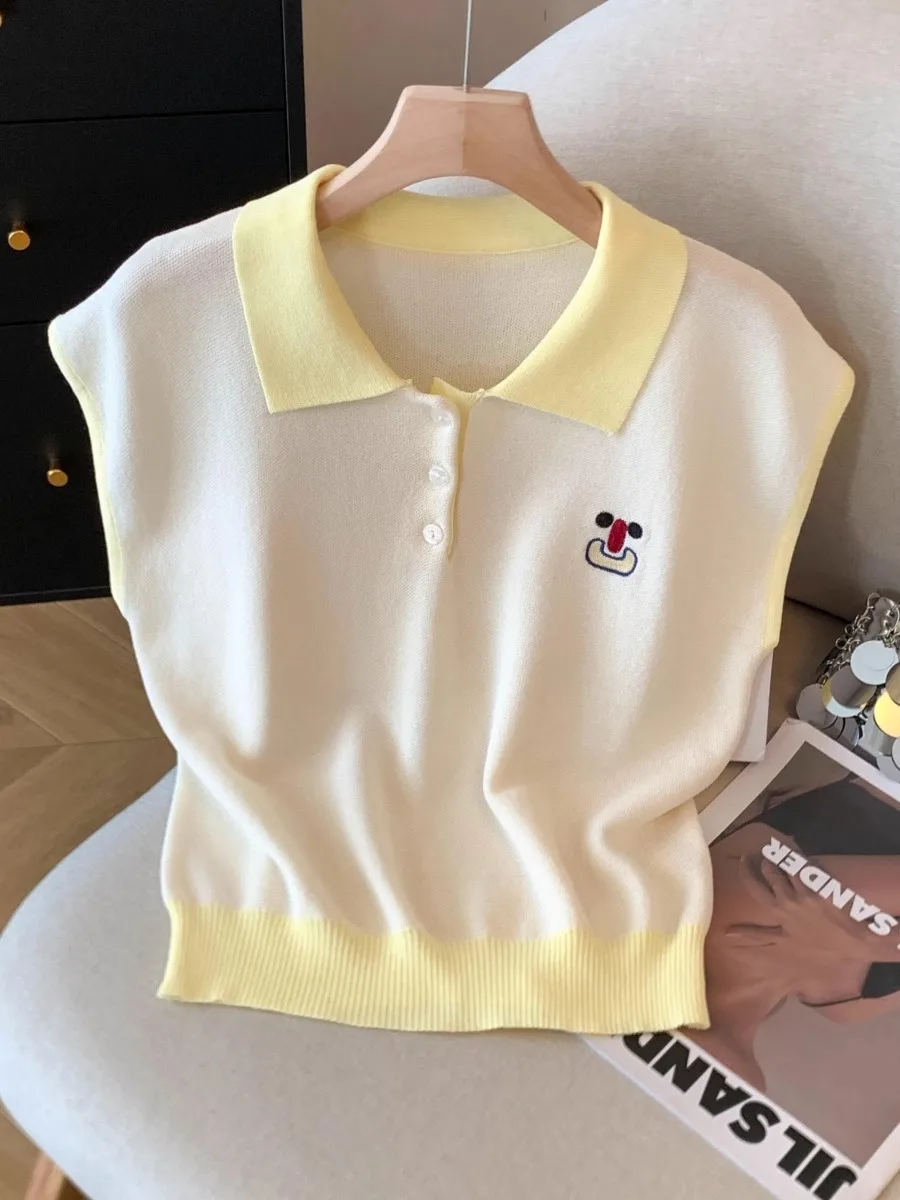 

Slim Fit Ice Silk Ne Svel Knitted Top Women's Base irt Summer Korean Sle Embroidery ort Length T-irt