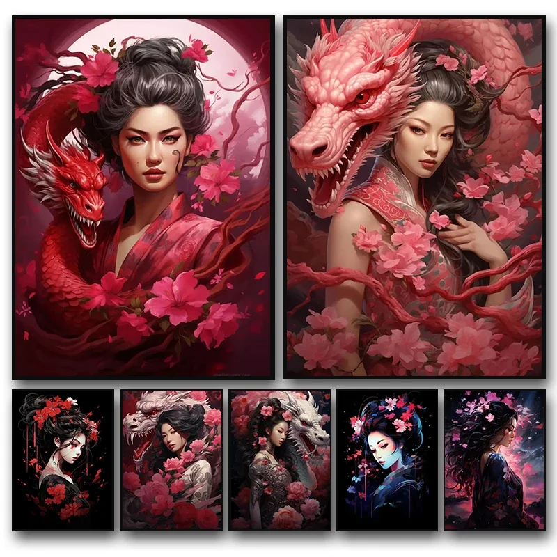 Vintage Japanese Geisha Woman Girls Samurai Sword Dragon Art Poster Canvas Painting Wall Prints Picture for Living Room Decor