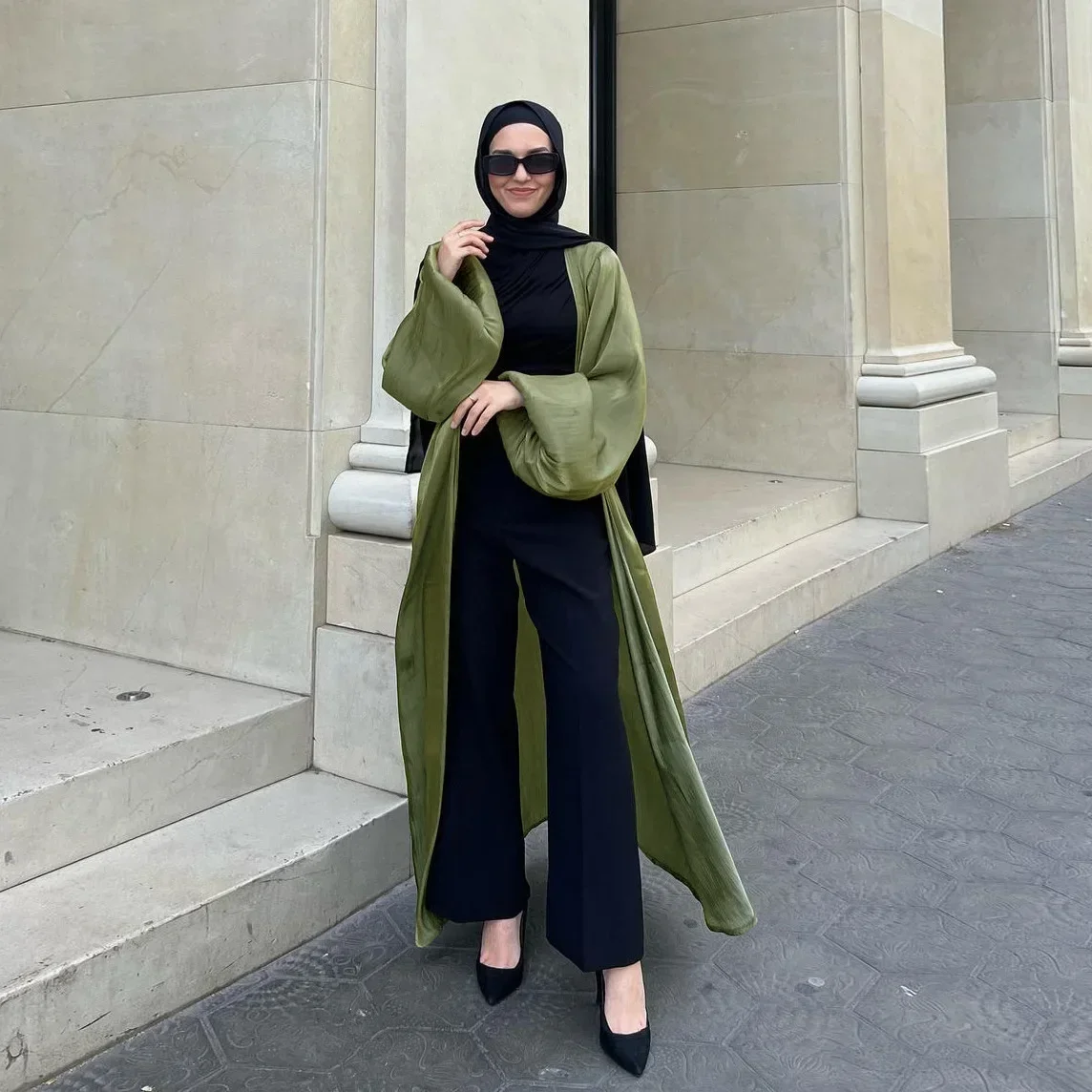 Sólido aberto abaya elegante brilhante cetim cardigan robe abaya para mulheres kaftan islam cardigan dubai roupas árabes para mulheres muçulmanas