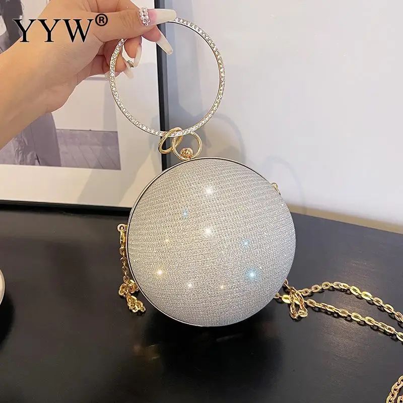 

Round Ball Clutch Handbag Rhinestone Lady Evening Bag Chain Shoulder Purse For Lipstick Circular Ring Clutch Purse Weding Wallet