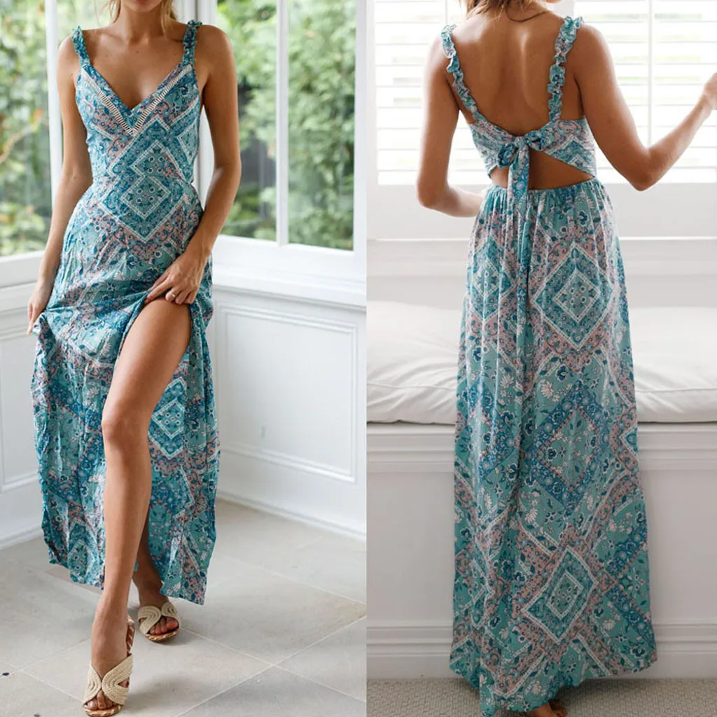 Printed Summer Open-Forked Women's Fashion Dresses Waist Sexy Women's Dress Casual Party Dress Sexy Dress