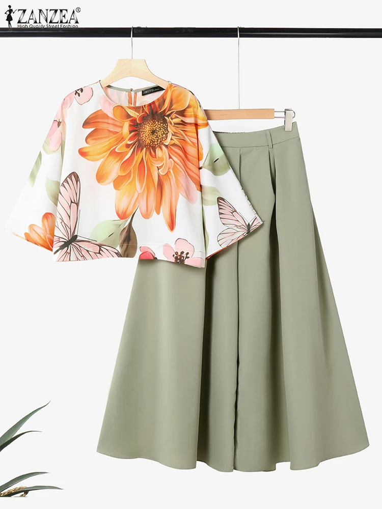 ZANZEA Mode 2PCS Frauen Sommer Hose Sets Zwei Stück Sets 3/4 Hülse Floral Print Bluse Hosen Anzug Elegante arbeit Trainingsanzüge
