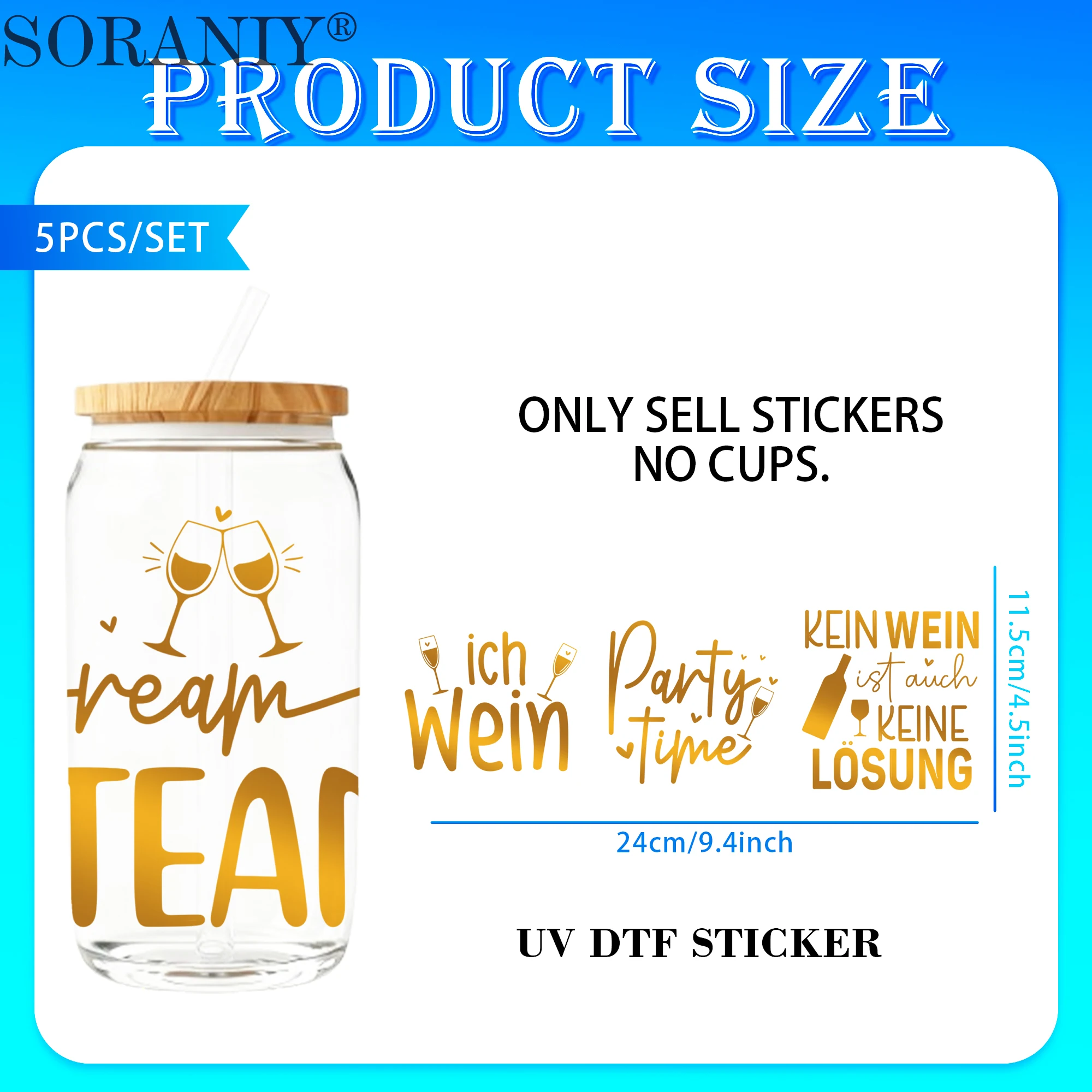 UV DTF 16OZ DIY Transfer Stickers - 5 Pieces/Set Golden Text German Wine Quotes Theme 16 Oz Glass Jar Packaging Transfer Decorat
