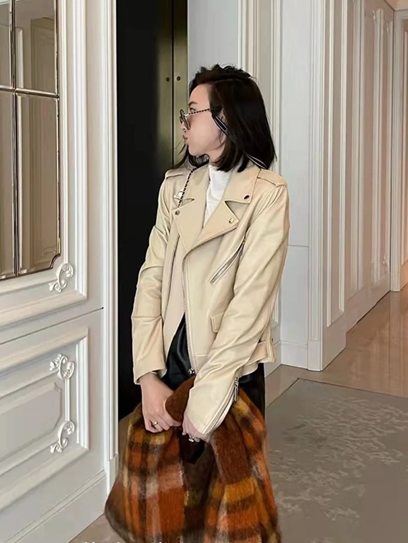 Mevrouw Chen's 2024 Nieuwe Ort Motorcycle Jaet Echt Eapenvacht Leer Dames Roze Pak Kraag Bovenkleding Slim Fit Lange Sv...