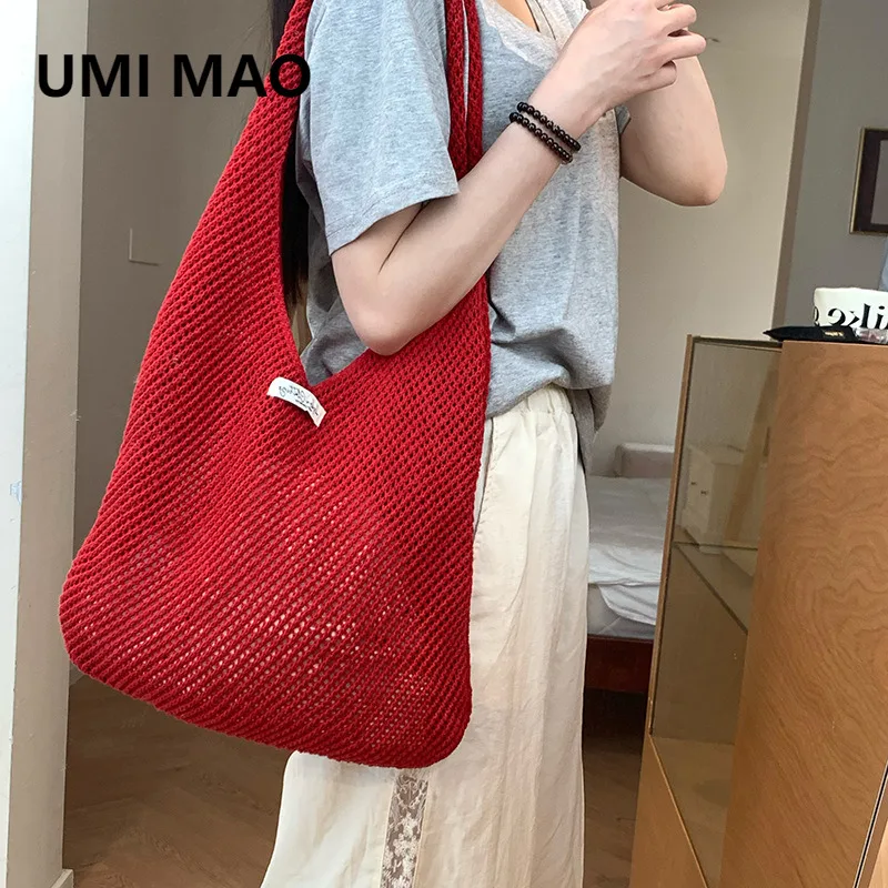 

UMI MAO Red Knitted Mesh Hollow Knitted Bag Women's Summer Leisure Lazy Style Shoulder Bag Large Capacity Mesh Bag Handbag