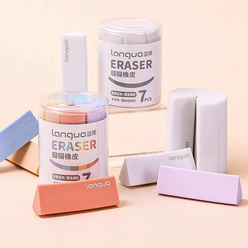 7pcs Pencil Erasers Set Assorted Rainbow Colors Triangle Shape Less Dust Easy Grip Cleaning Tools for Pencil A7895