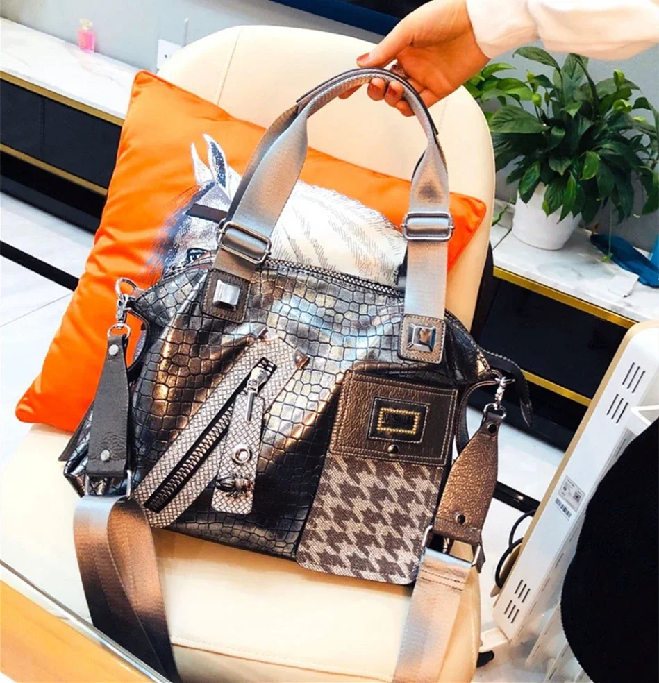 Oversized Female Vegan Leather Patchwork Houndstooth Big Capacity Slouchy Shoulder Bag Large Size Laptop Work Overnight Handbag