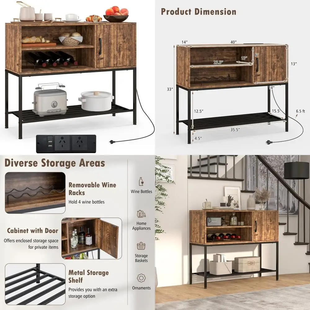 Buffet Cabinet with Power Outlets and USB Ports, Wooden Coffee Bar Cabinet featuring 4-Bottle Wine Rack and Shelves, Kitchen Sid
