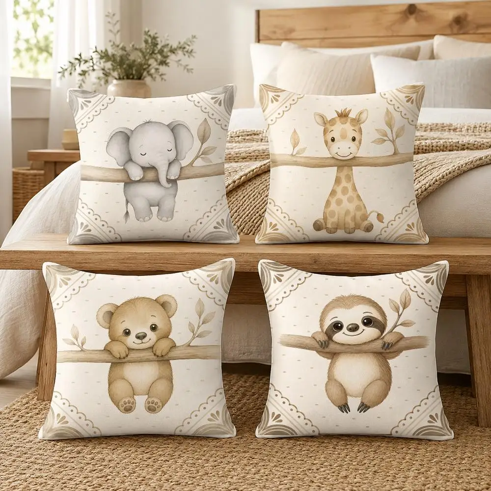 Animal Elephant Giraffe Nursery Cushion Cover Soft Short Plush Pillow Cover Smooth Cozy Texture Cushion Case Home Decor