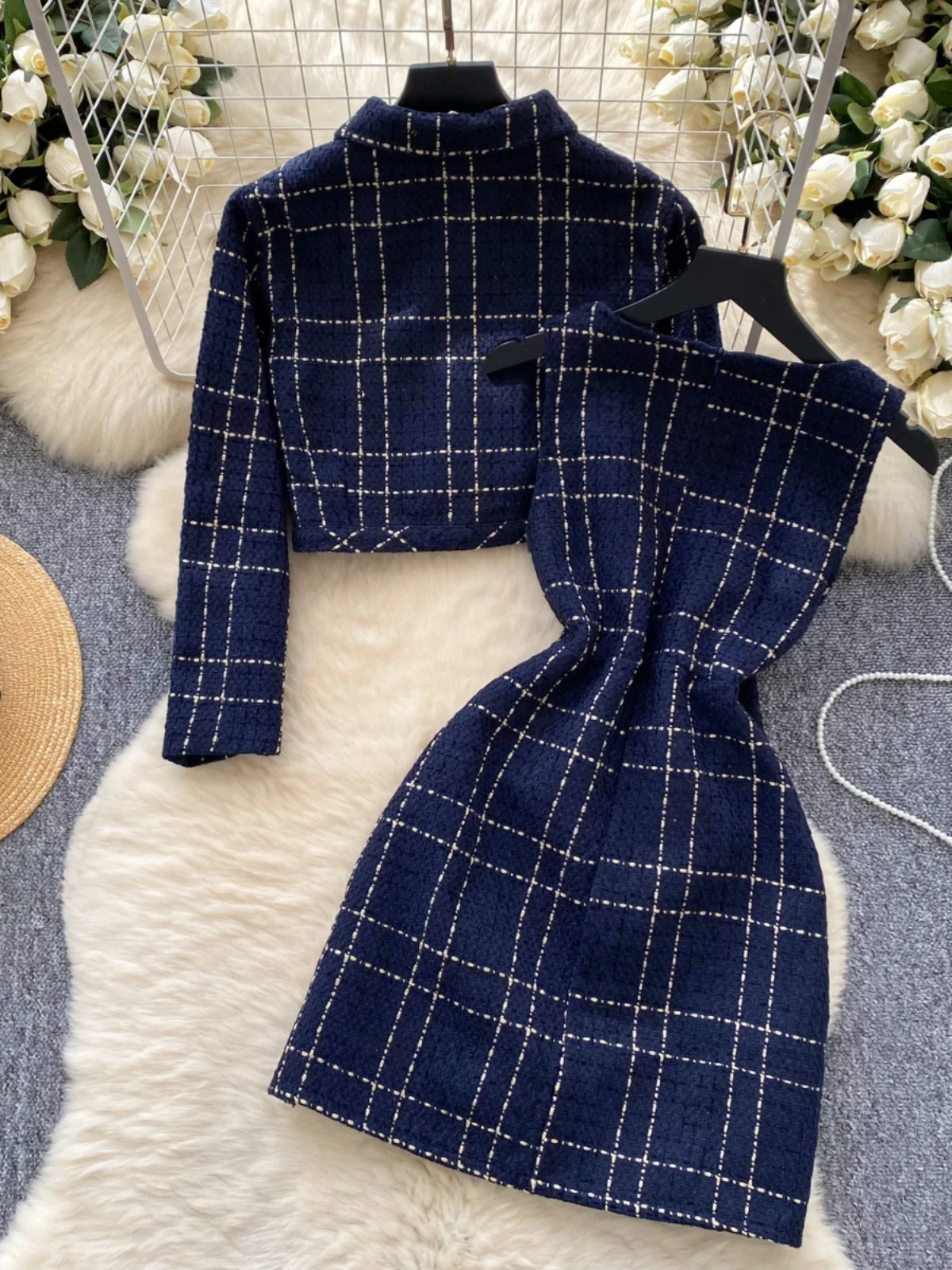 

Ele ort Jaet Coat Women's Waist-Cinched Svel Woolen Dr Faionable Two-Piece Set High-End Metal Bule