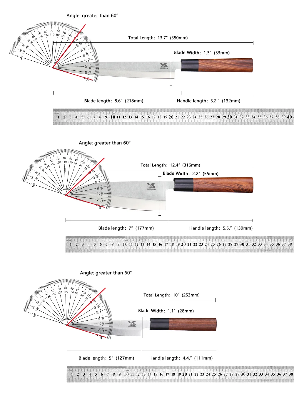 Coltello BIGSUNNY Sashimi Sushi Deba, coltello per affettare tedesco in acciaio inossidabile, Yanagiba / Deba / Utilità, manico in legno di rosa