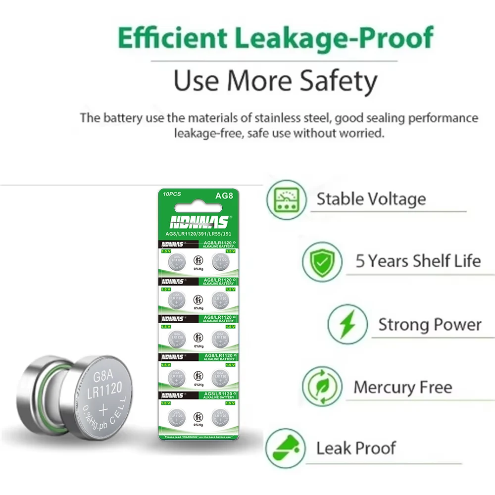 2-100PCS AG8 LR1120 1.5V Alkaline Button Battery SR1120 391 391A 191 LR55 CX191 G8A R1120W For Watch Toy Remote Calculator Camer