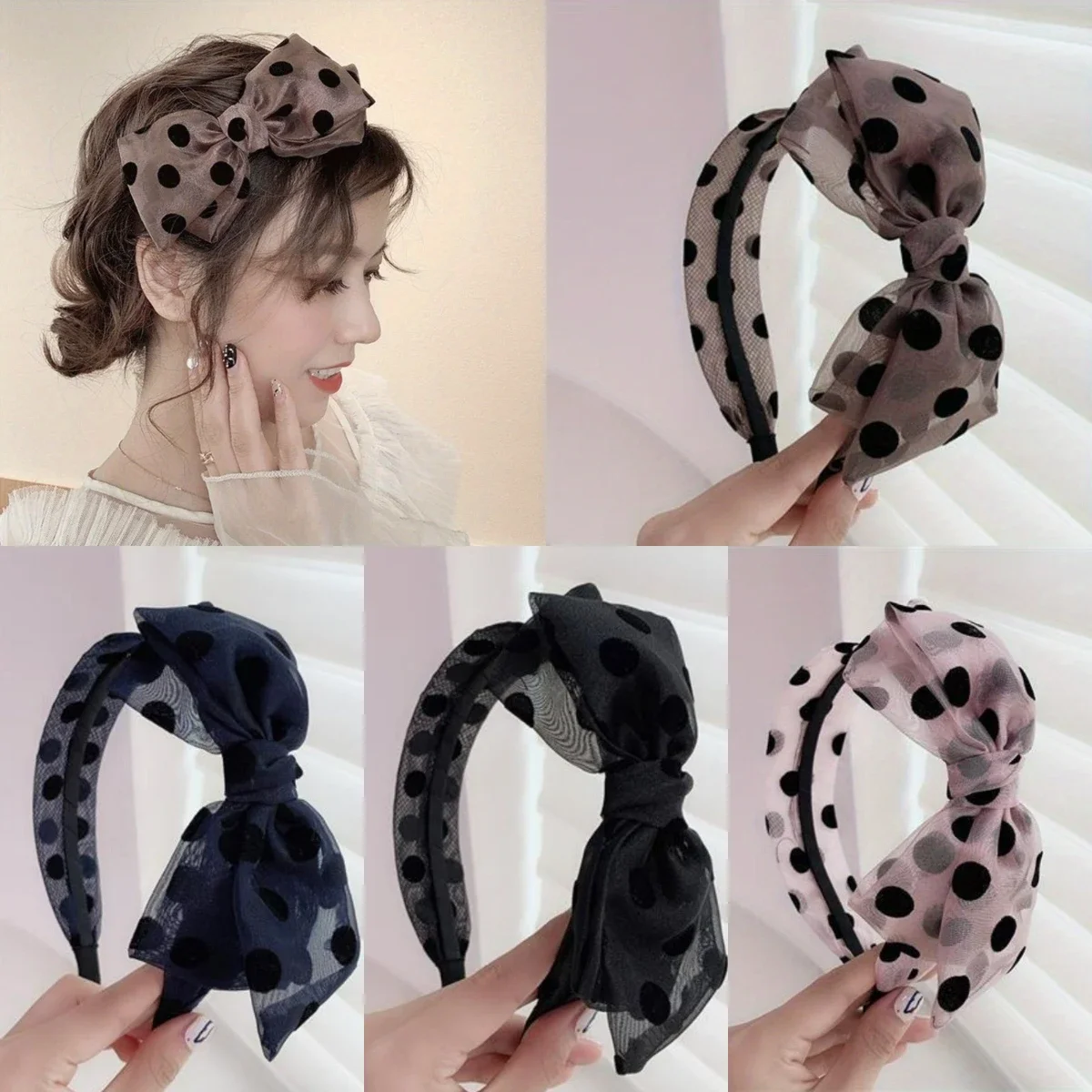 Bowknot Wide Mesh Polka Dot Hairband for Women Girls Non Slip Hair Hoop Elegant Headband Daily Makeup Wash Face Hair Accessories