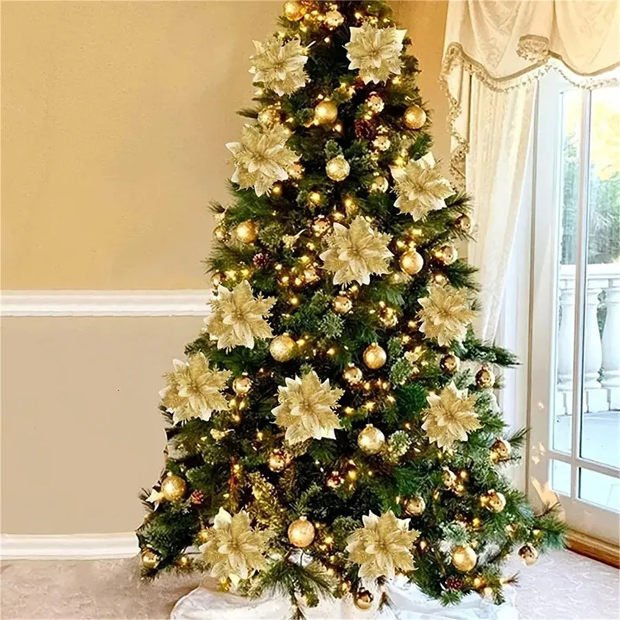 10 Stück 14cm Glitzer-Weihnachtssterne Künstliche Blumen mit Clips DIY Weihnachtsbaum-Ornamente Kranz Kamin-Dekorationen – Detail 8