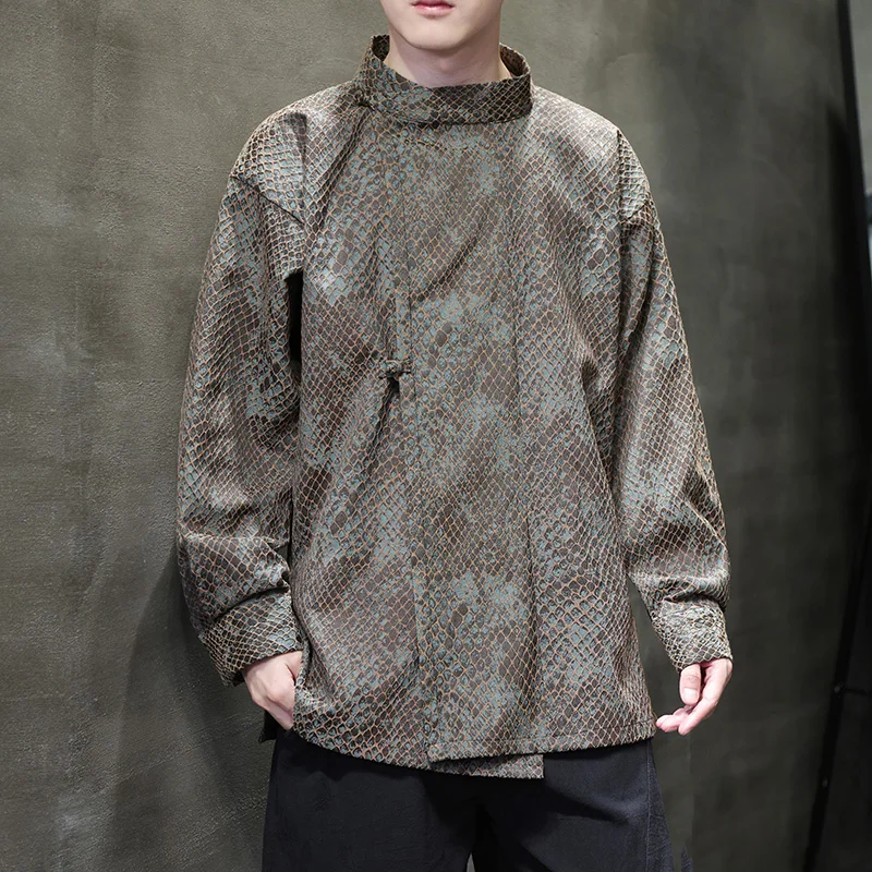 

New Chinese Style Long Sleeve Shirt Men's Retro Tang Costume Button Outerwear Youth Trendy Standard Fit Breathable Moisture W...