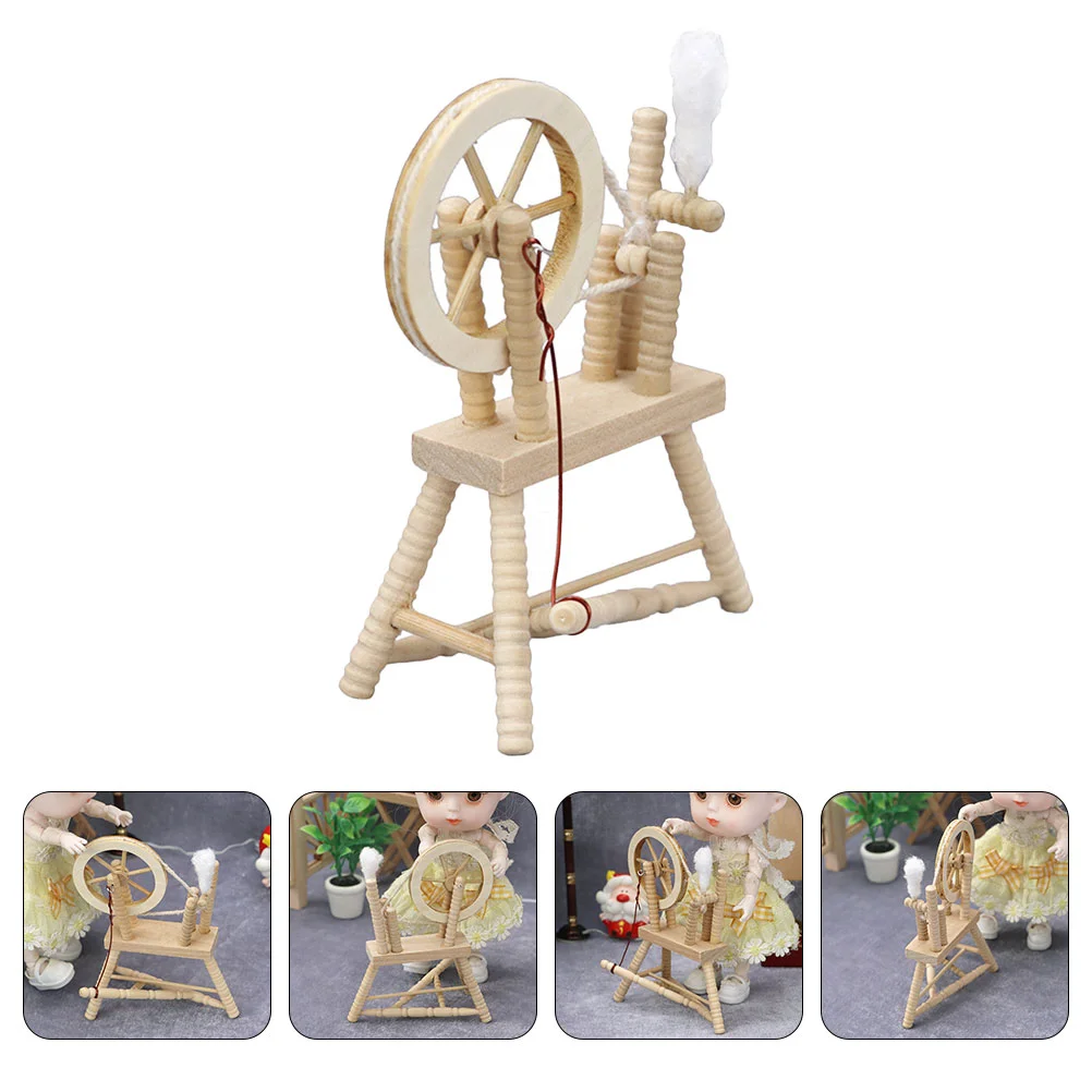 Model Vintage Spinning Wheel Wooden Textile Mini House Decor Home Hand Crank Decorate Reeling Machine Ornament Adornment