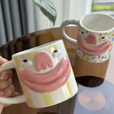 Safe Double-sided Ceramic Coffee Mug Cute Colorful Funny Face Mug INS Kawaii Milk Container Tableware