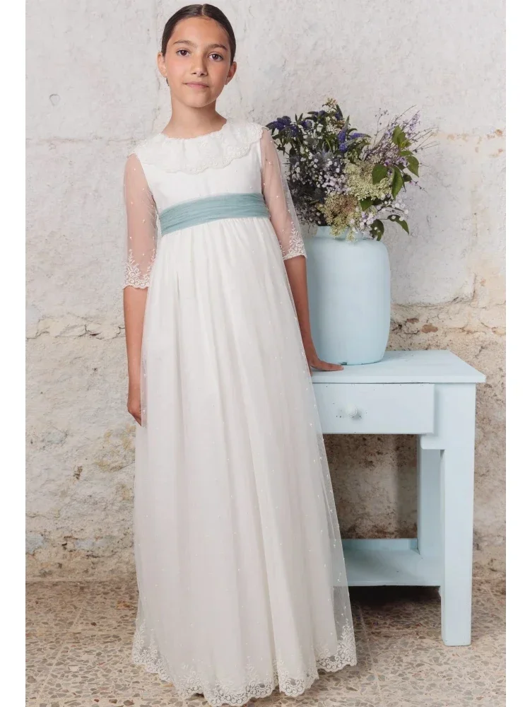 فساتين فتاة الزهور مزينة بالدانتيل الأبيض مع شريط فيونكة نصف كم لحفلات الزفاف وأعياد الميلاد وحفلات الأميرة