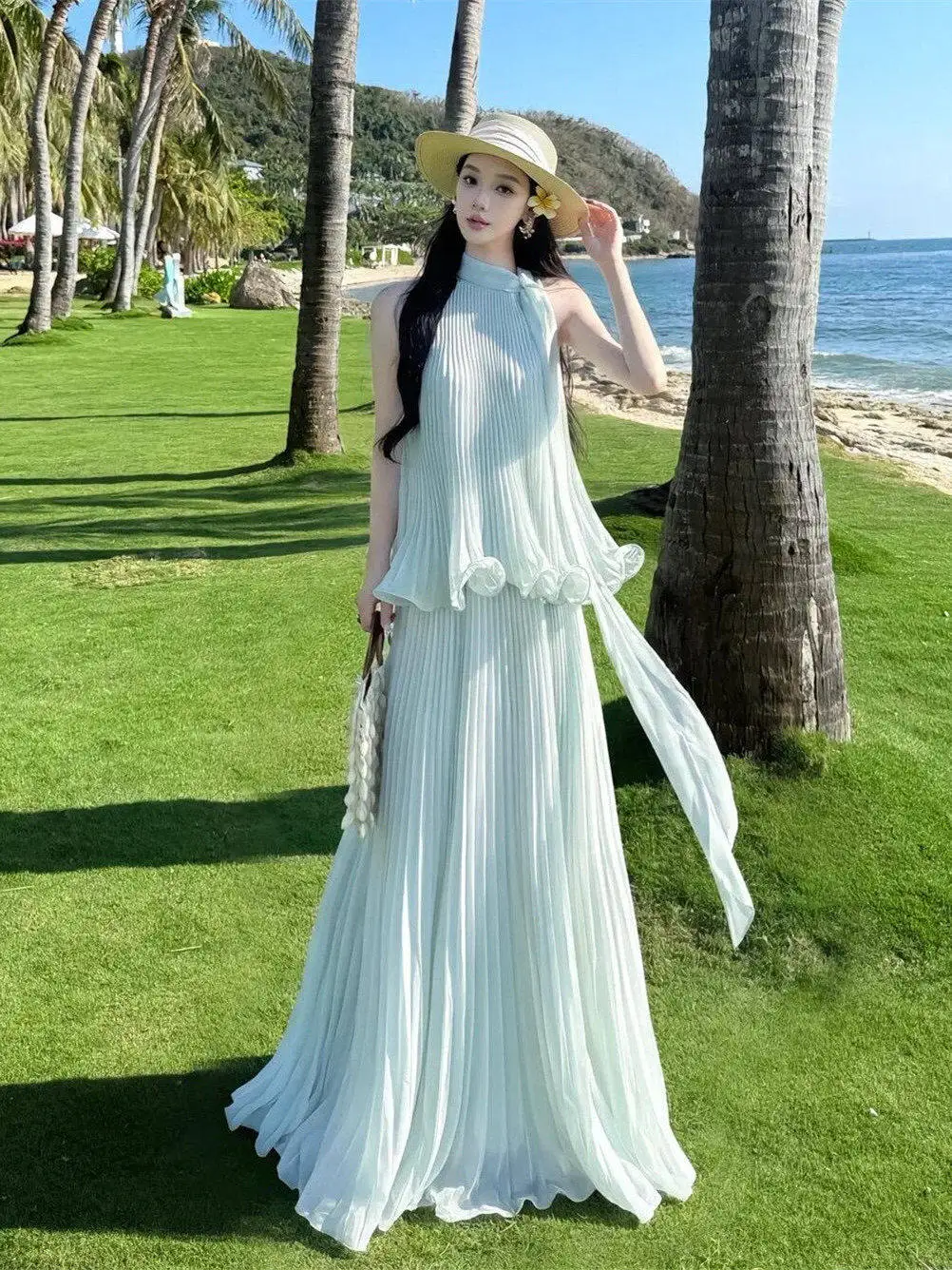 

Mint Green Sash Hanging Neck Dress Beach Vacation Style Beach Sand Fairy Long Dress Thin A-Line Skirt Regenerated Polyester F...