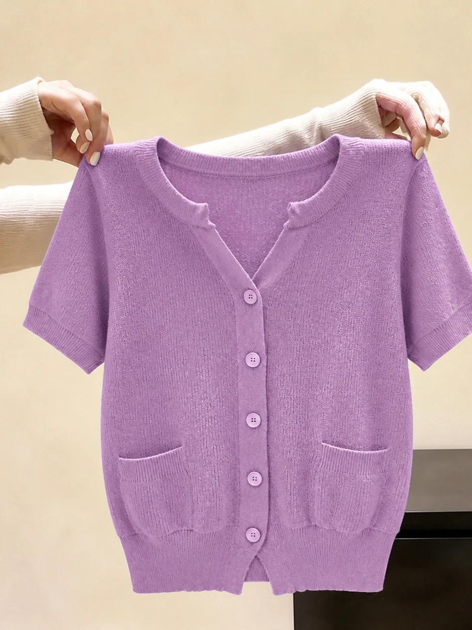 Fashionable round Neck Short Sleeve Knitted Shirt Single Button Slimming Top Korean Style Women's Summer Shirt Simple Style