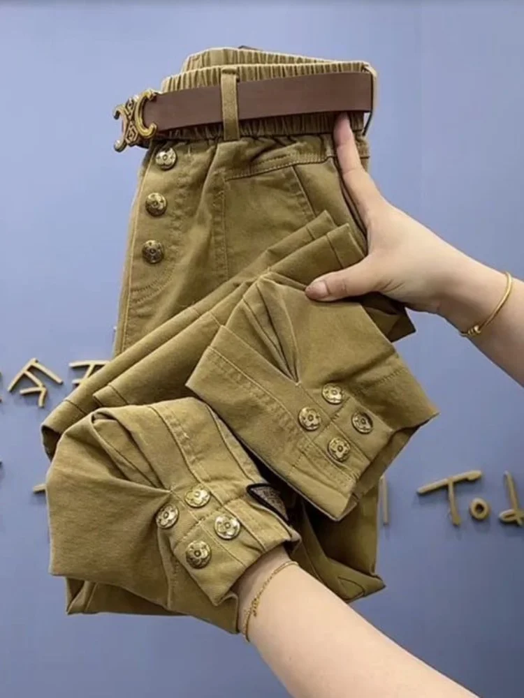 กางเกงขายาวทรงตรงเอวสูงสไตล์ลำลองแฟชั่นใหม่สำหรับฤดูใบไม้ร่วงและฤดูหนาว รุ่น Thiened Single Floing ทรงหลวมช่วยพรางหุ่น ทรงฮาร์แลน เหมาะสำหรับใส่ทำงาน