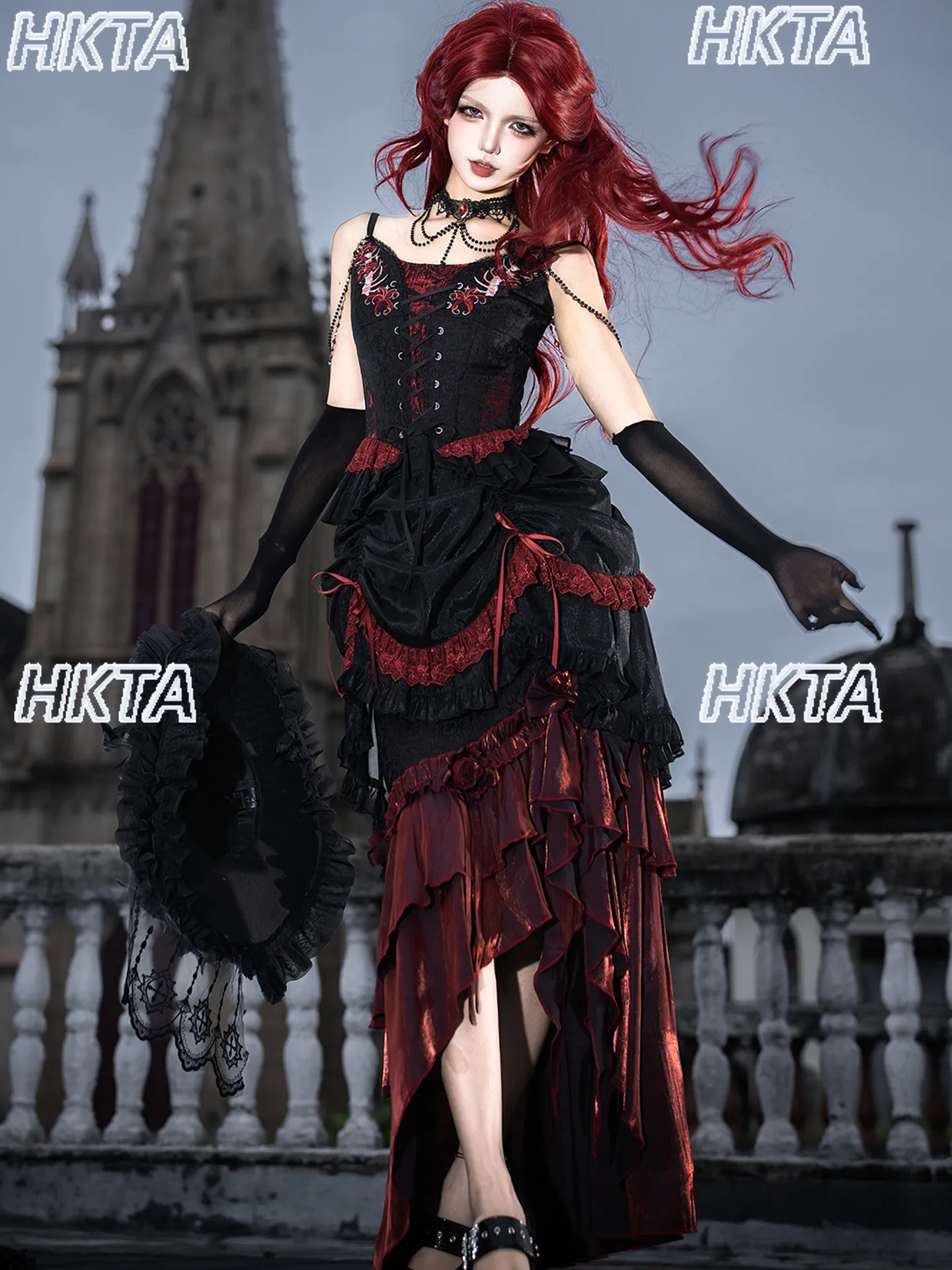 Elegant Vintage Dark Goth Subculture Y2k Personality Lace Embroidered Lolita Suspender Vest A Line Skirt Red Dress Set Women