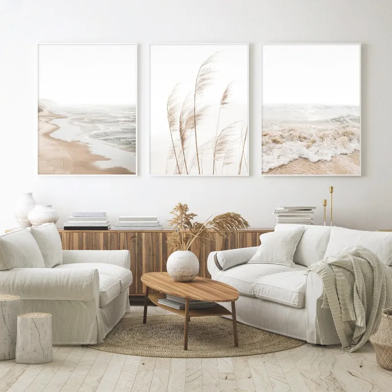 Boho Neutral Beach Coastal Pampas Grass Ocean Landscape Minimalist Wall Art Poster Print Canvas Painting Wall Picture Home Decor