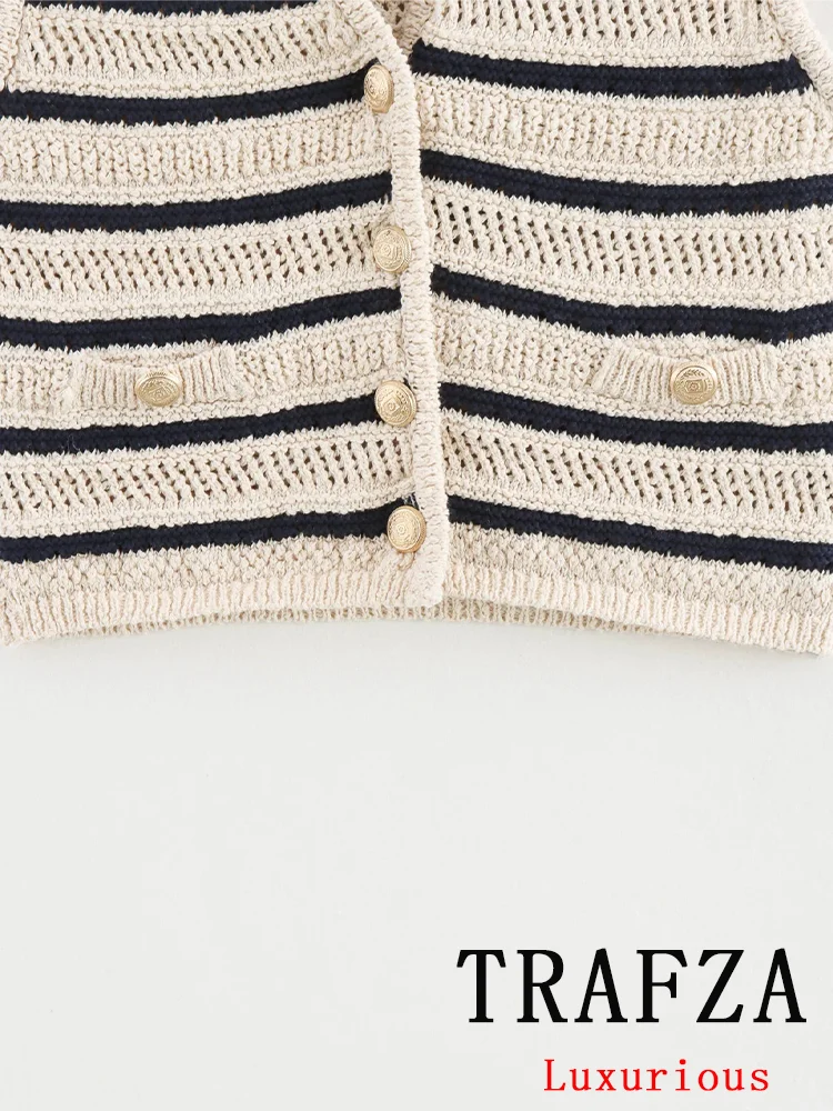 TRAFZA  Vintage Chic Women Vest  Striped V-Neck Sleeveless Button Knitted Short Sweaters New Fashion 2024 Autumn Female Tops