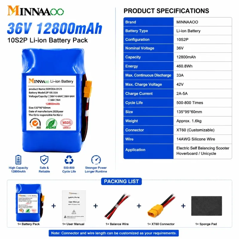 MINNAAOO 36V 12800mAh Lithium Battery Pack 10S2P 18650 Li-ion Battery with BMS for Hoverboard Electric Scooter Unicycle