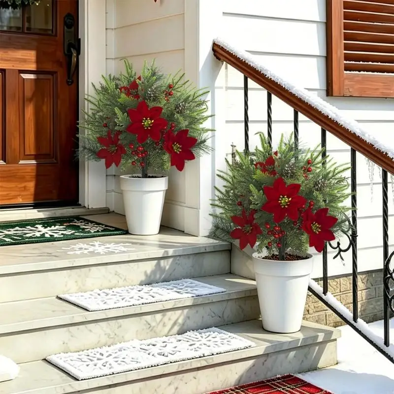Artificial Christmas Flower Garden Stake, 23.6 In Tall Red Holiday Yard Display for Porch Pots, Entryway, Garden Spaces, and