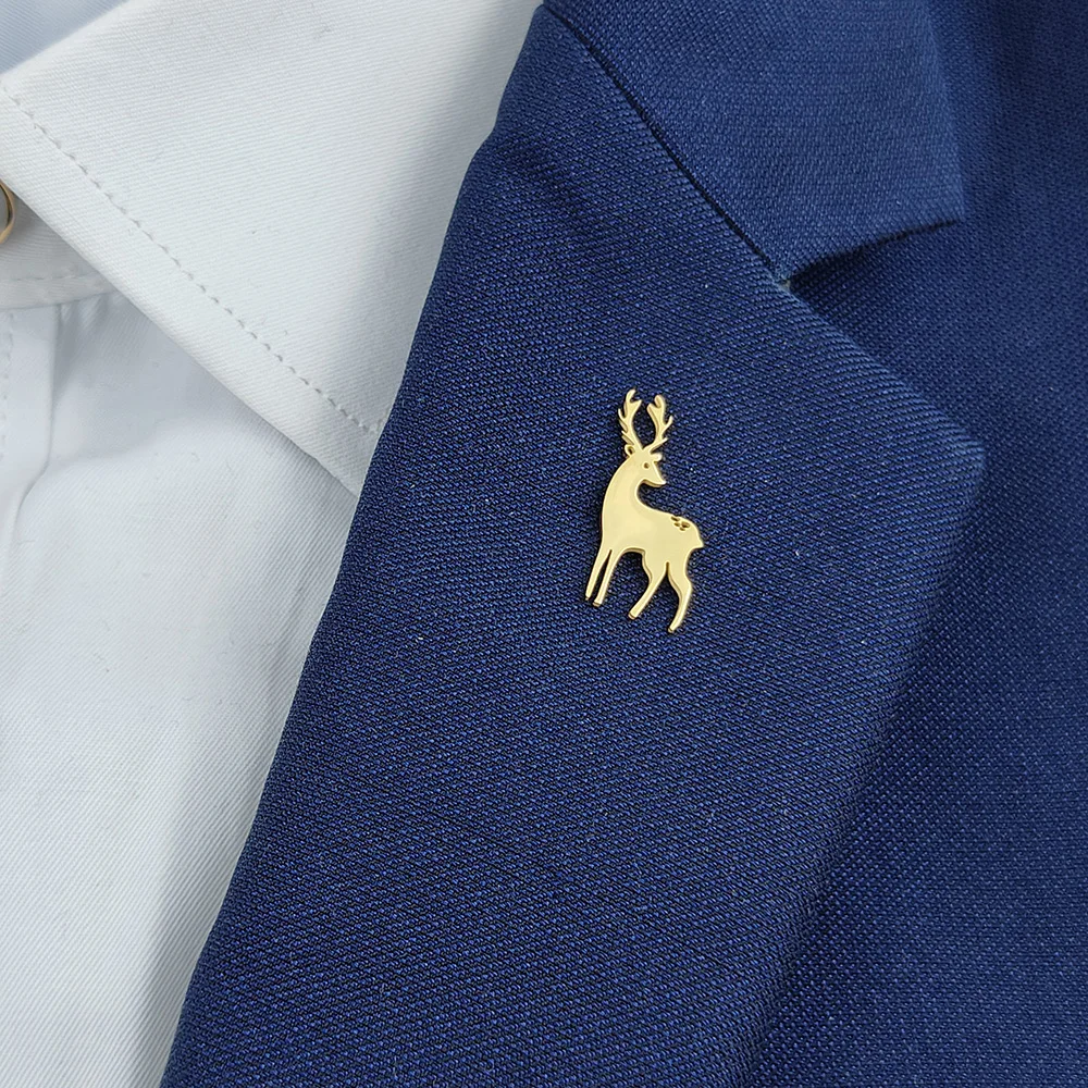 Stainless Steel Deer Brooch Men\'s Shirt Suit Lapel Pins Cute Animal Jewelry Silver Gold Black Color Metal Badge Accessories