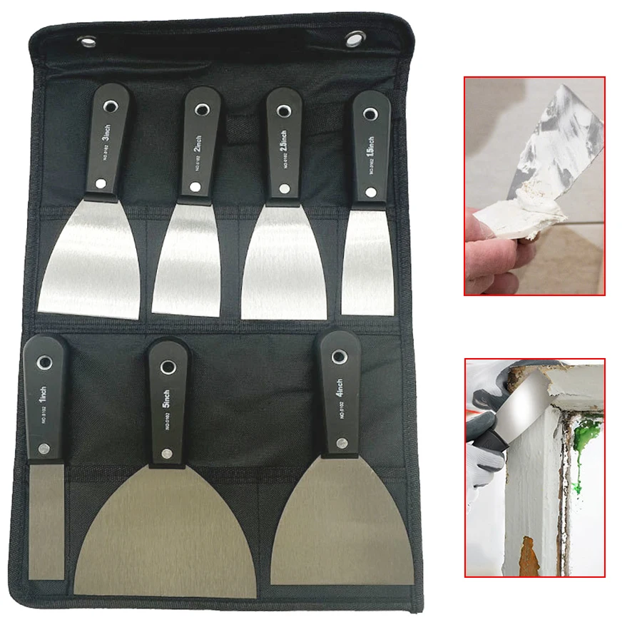 

7pcs Stainless Steel Putty Knives Set Drywall Knife Paint Scraper Kit 7 Sizes Soft Plastic Handle Canvas With Nylon Storage Bag