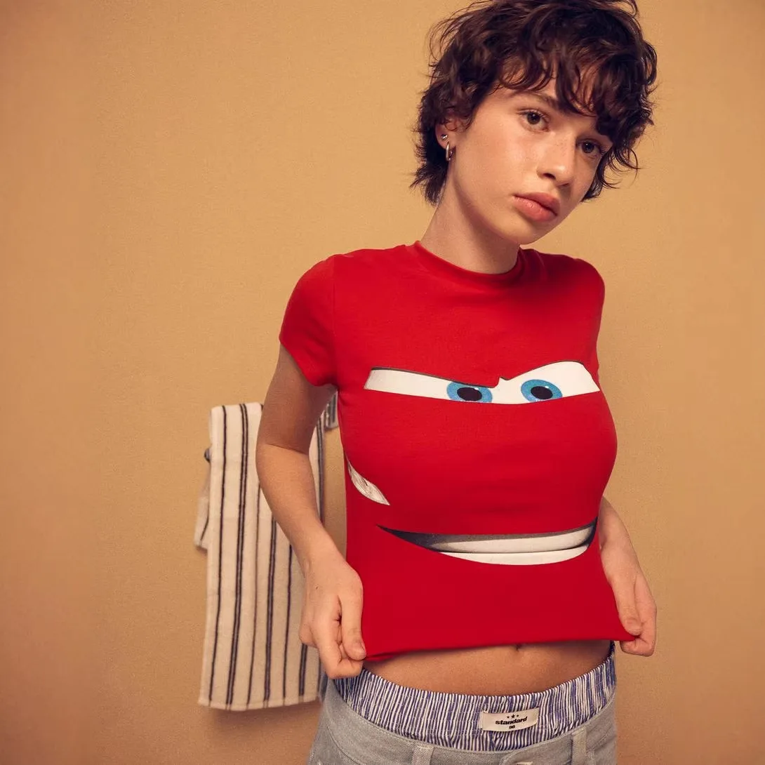 Y2K Cartoon-Muster Bedrucktes T-Shirt für Damen Rundhals Street Trendsetter Europäisch-Amerikanisches Oberteil