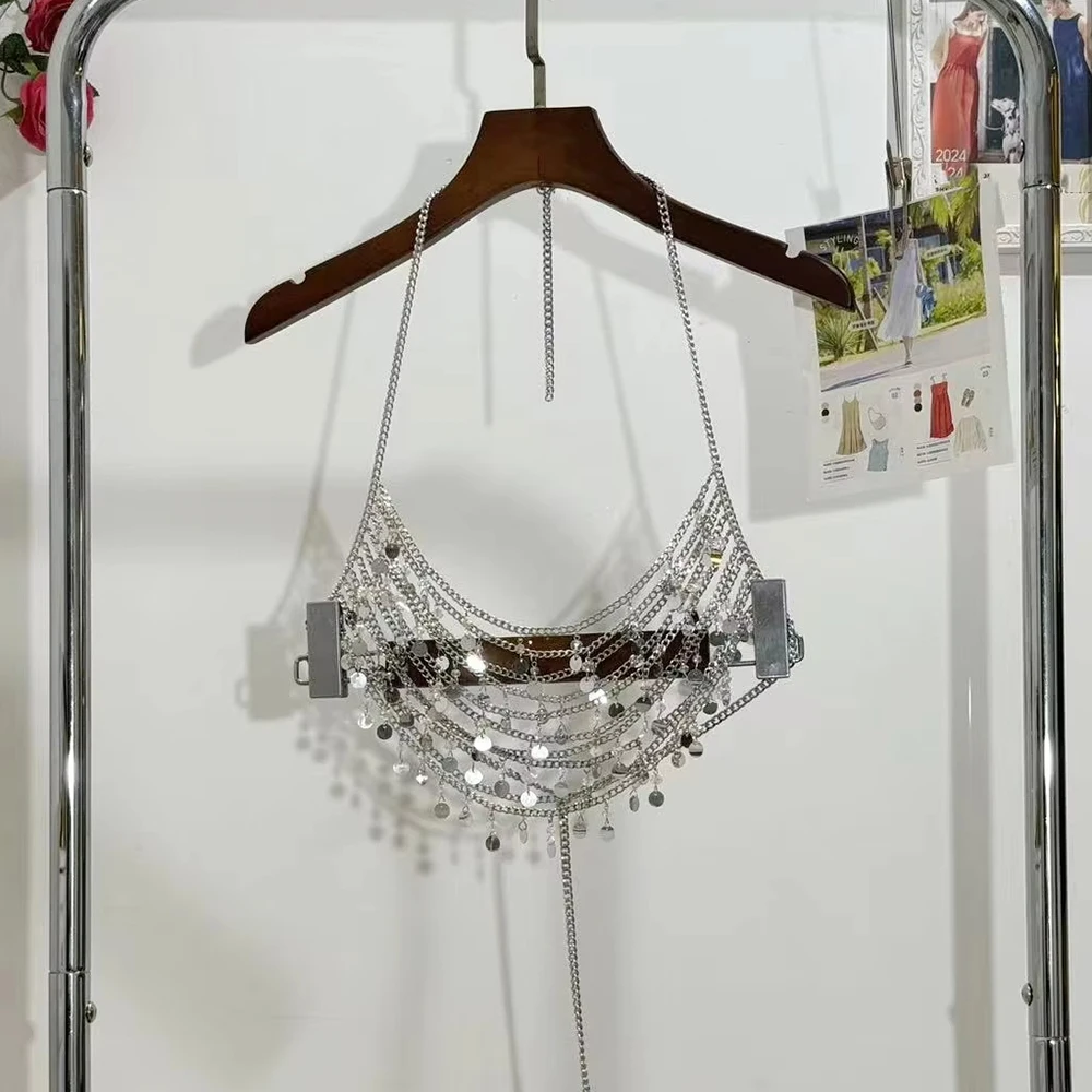 Handmade Sexy Lingerie Performance Costume Heavy Duty Bra Wrap Bra Chain Sequins Body Chain Hollowed Out Chest Jewelry